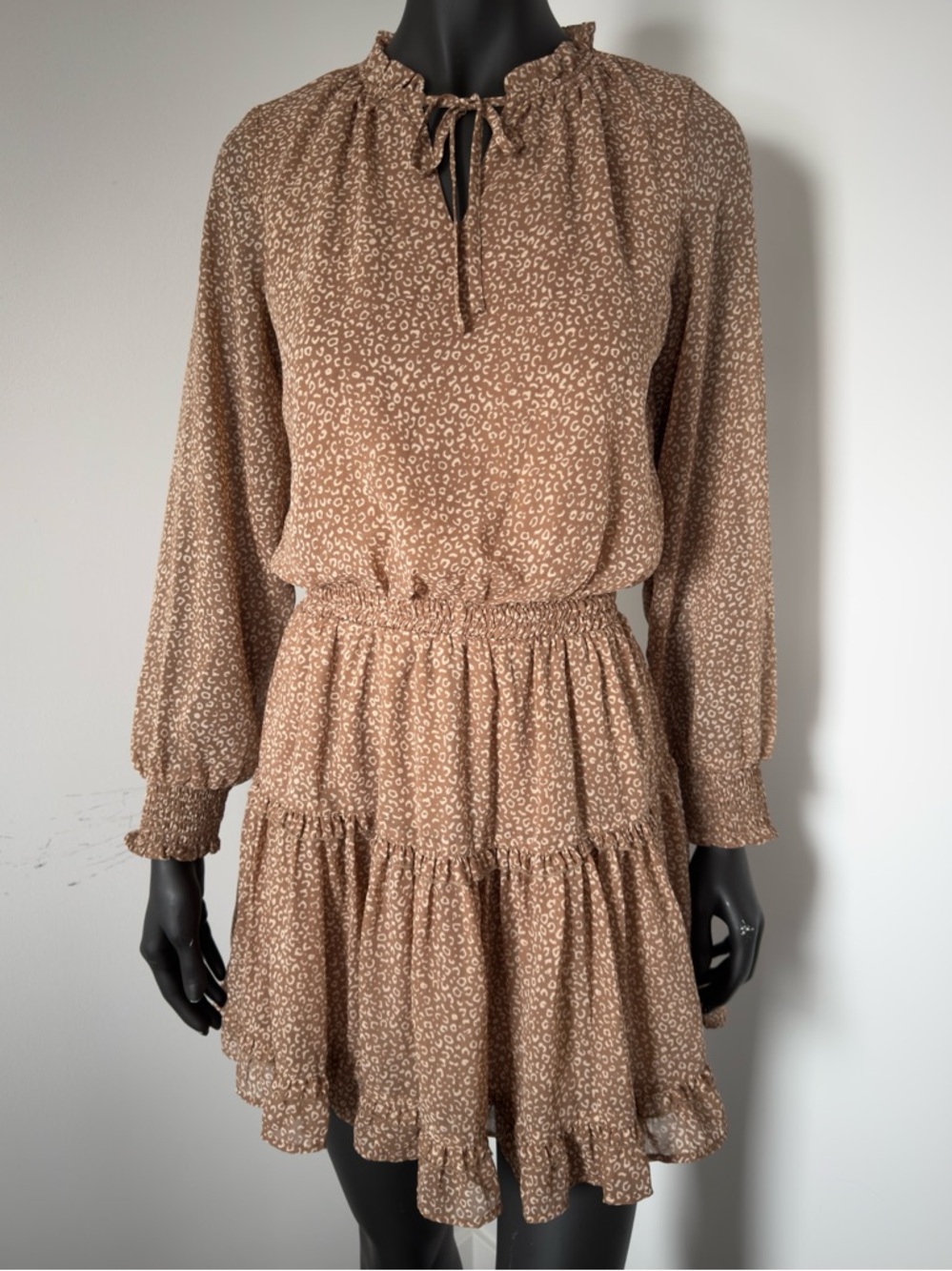 169. Japna Brown Printed Long-Sleeve Tiered Dress
